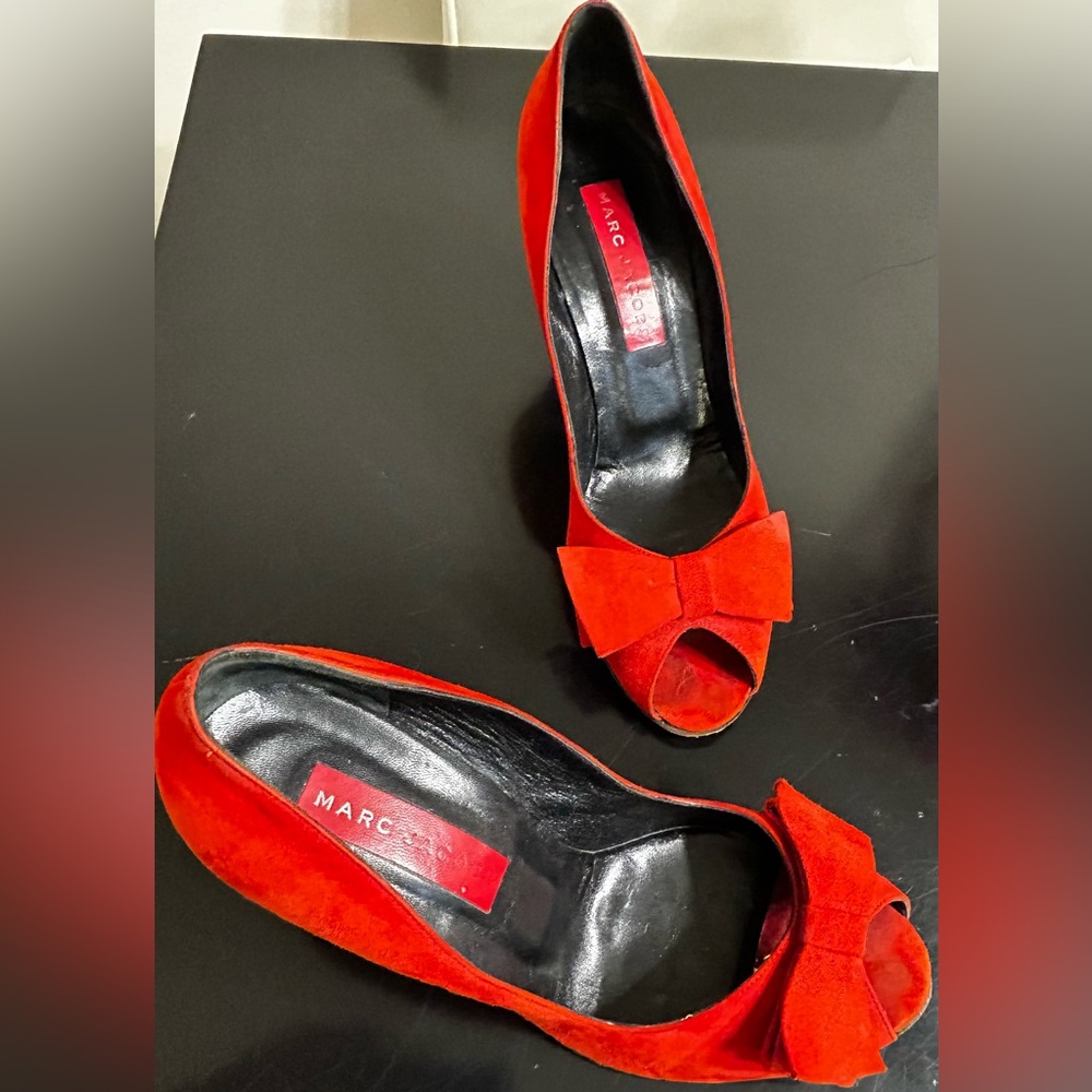 *SALE*Marc Jacobs Authentic Vibrant Red Suede Bow Peep Toe Heels